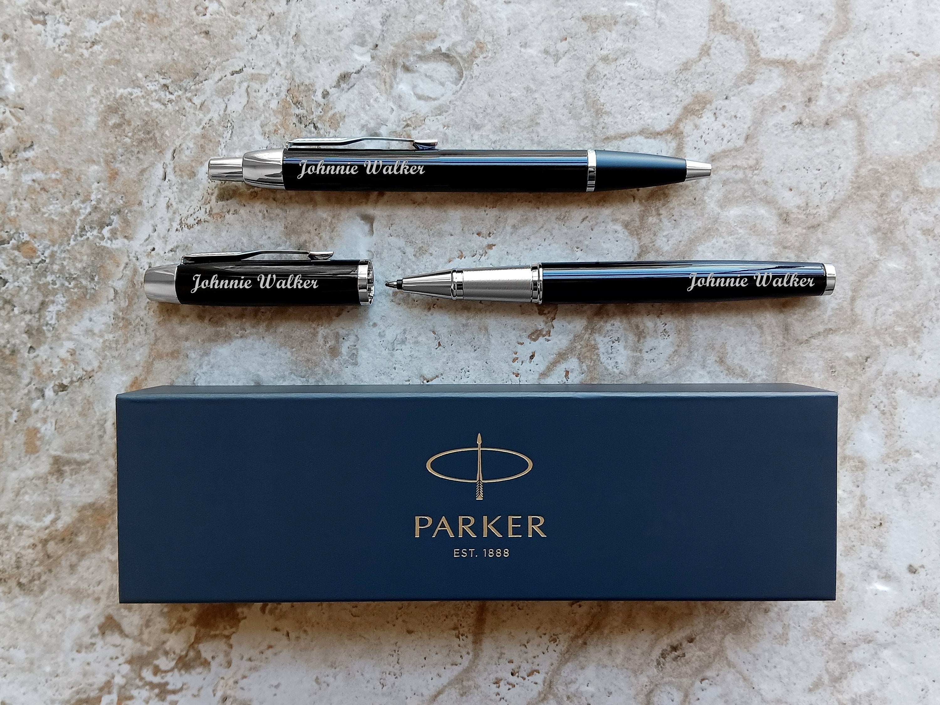 Custom Personalized Engraved Black with Chrome Trim Finish Luxury IM Ballpoint & IM Rollerball Parker Pens Box Great Gift for All Occasions